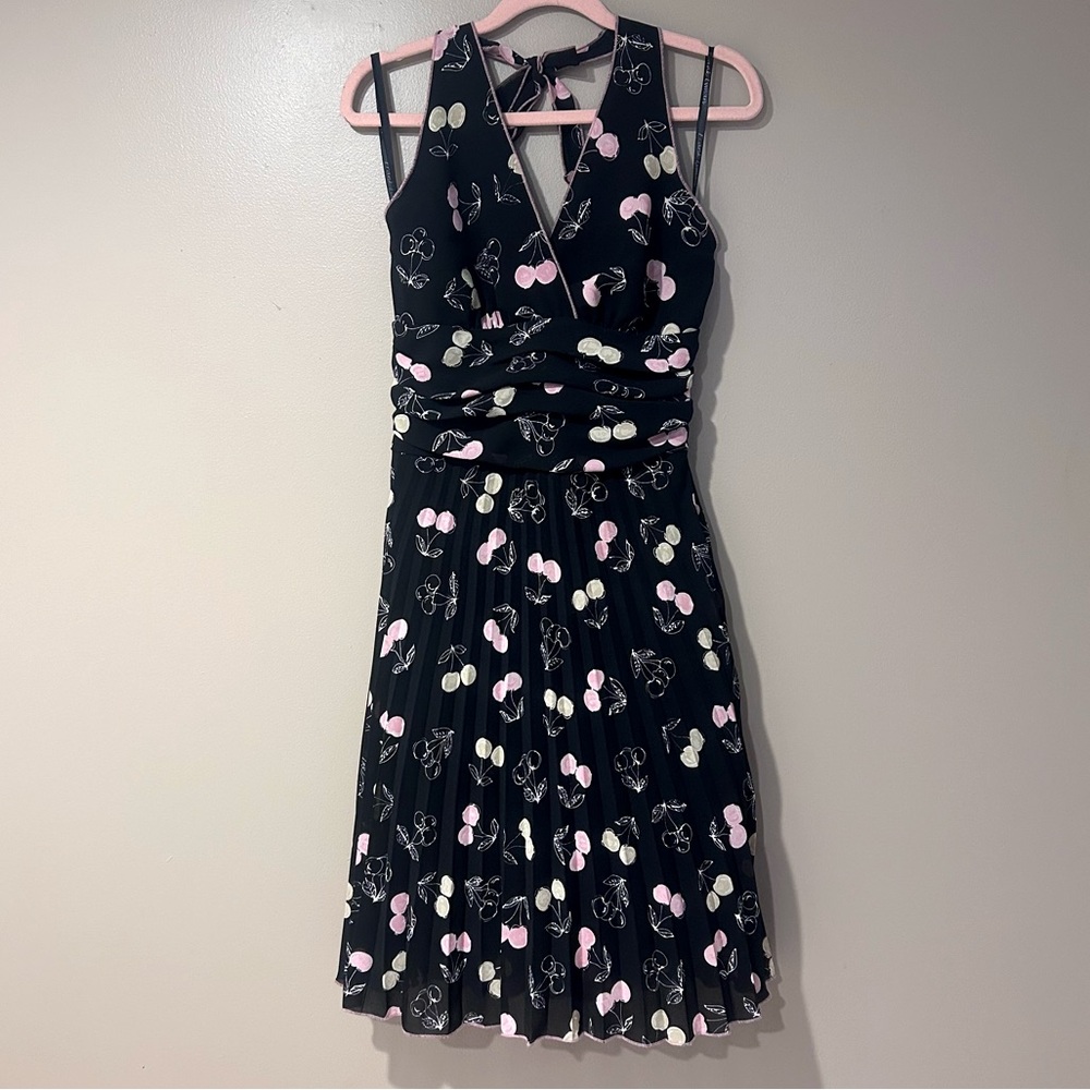 Frank Lyman Design Black Midi Dress with Pink and Cream Cherry Print